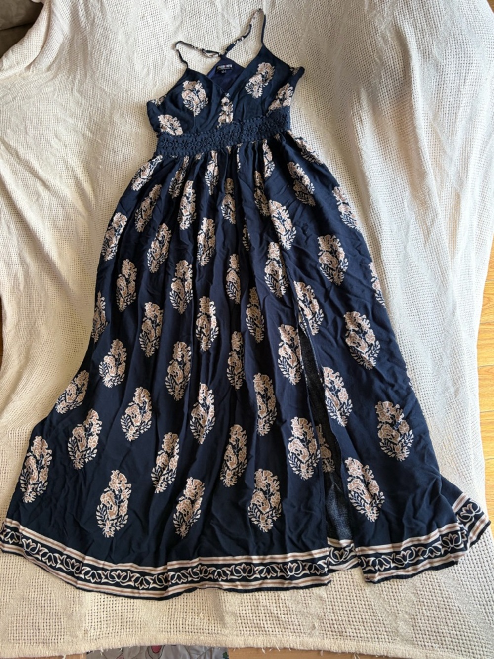 Navy Floral Maxi Crochet Waistband L Long Length Summer Dress Adjustable Straps - Picture 7 of 14